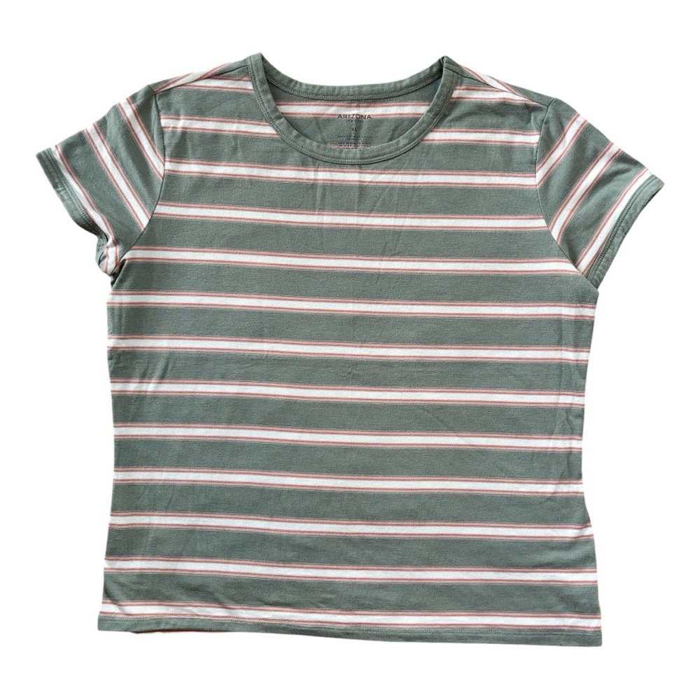 Arizona Jean Co Girls Size XL striped shirt in sage green, pale pink and white